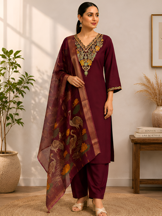 Embroidered Maroon Silk Kurta Set With Dupatta