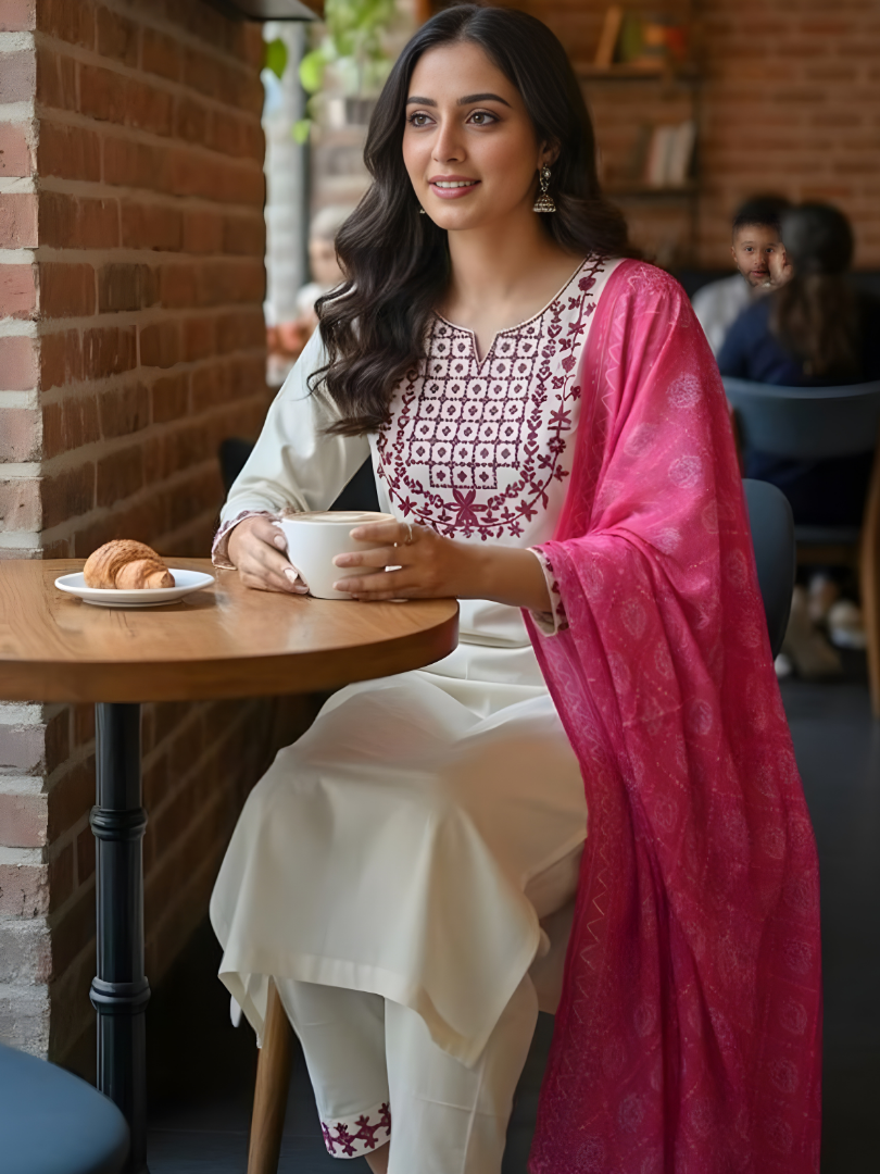 Embroidered Cream and Pink Kurta Set With Dupatta