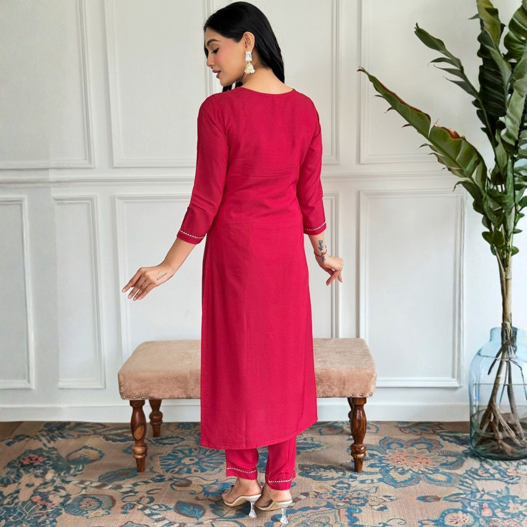 Pink Embroidered Rayon Kurta Set With Dupatta