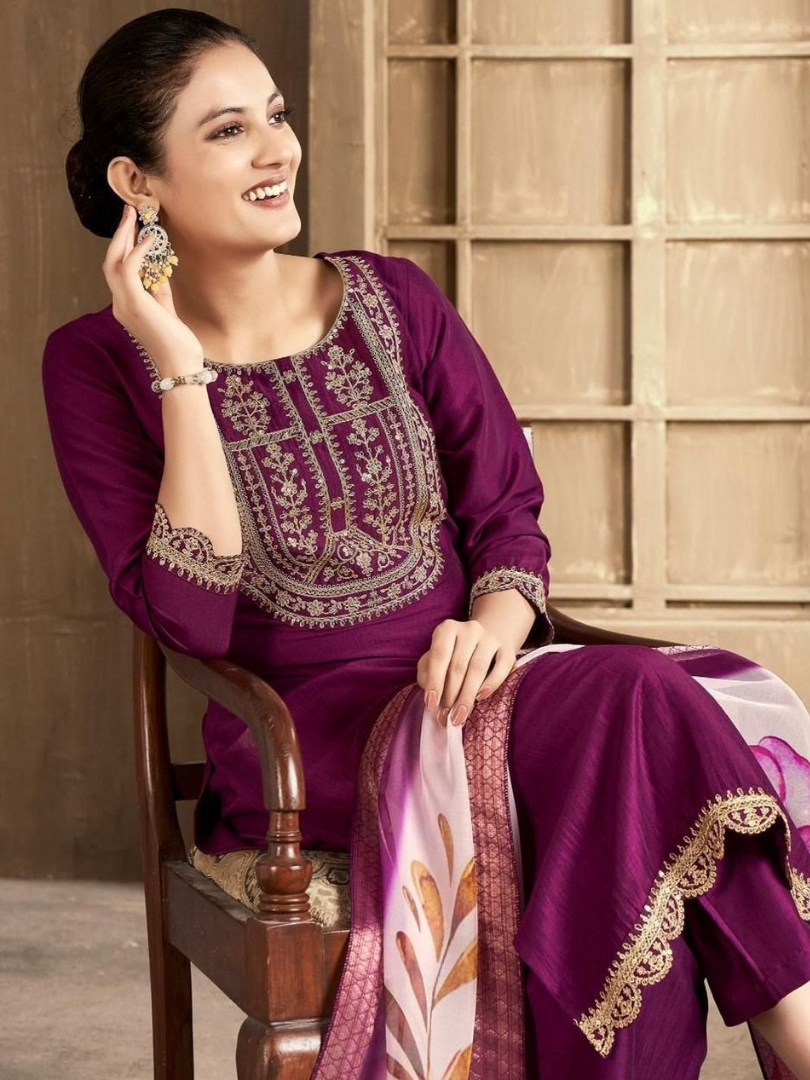 Wine Embroidered Kurta Pant Set With Dupatta