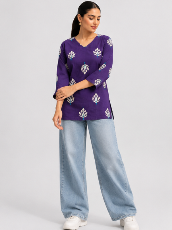 Indigo Printed V-Neck Short Kurti