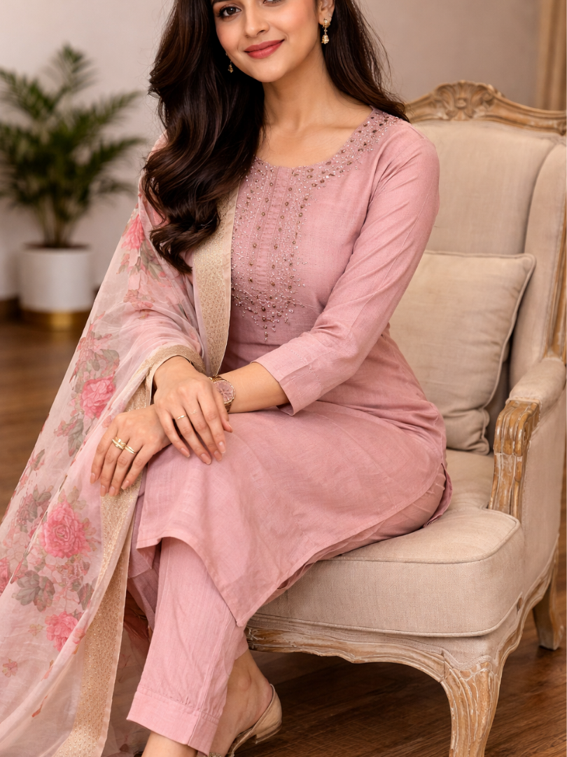 Blush Pink Embroidered Kurta Set With Dupatta