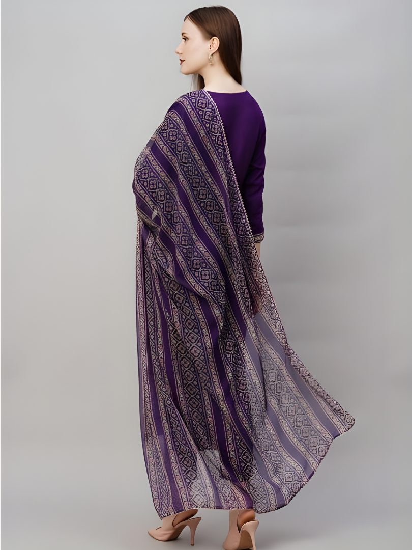 Embroidered Deep Purple Kurta Set With Dupatta