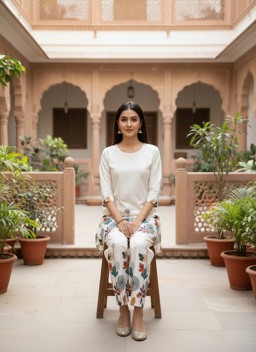 Floral Border Khadi Co-ord Set