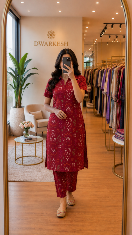 Maroon Ikat Printed Ethnic Co-ord Set