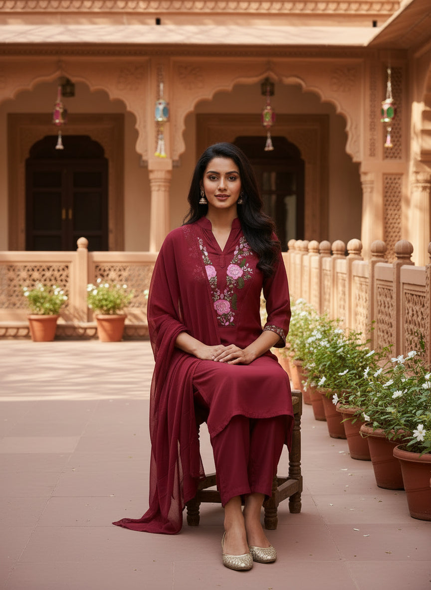 Maroon Embroidered Kurta Pant Set With Dupatta