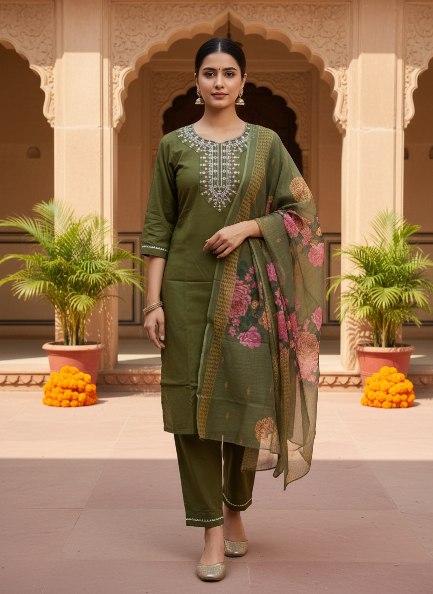 Embroidered Olive Silk Kurta Set With Dupatta
