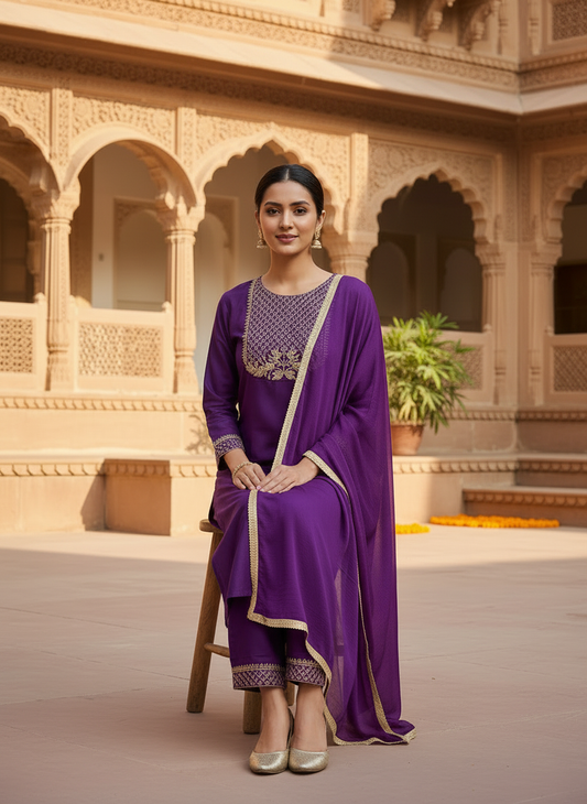 Deep Purple Embroidered Kurta Set With Dupatta
