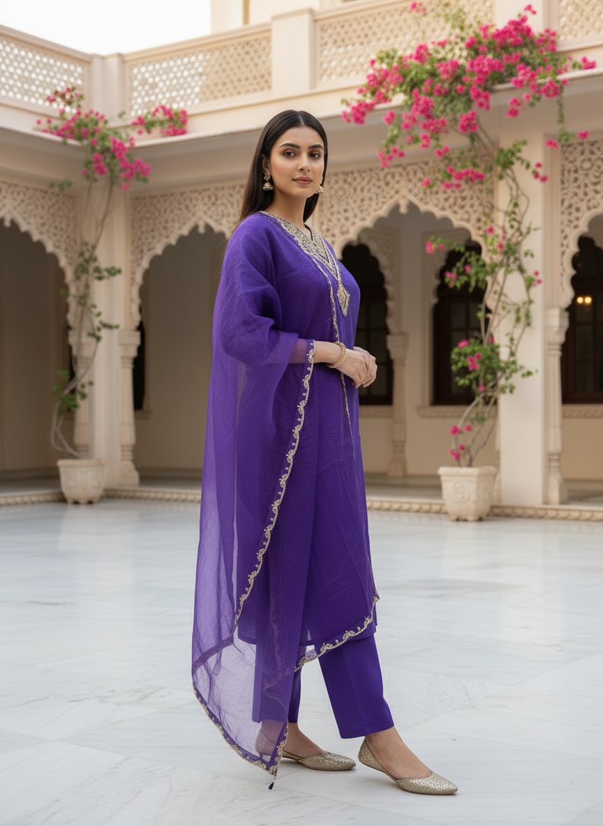 Embroidered Purple Kurta Pant Set With Dupatta