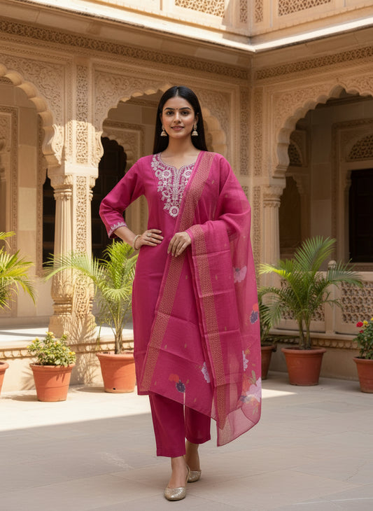 Rani Pink Embroidered Kurta Set With Dupatta