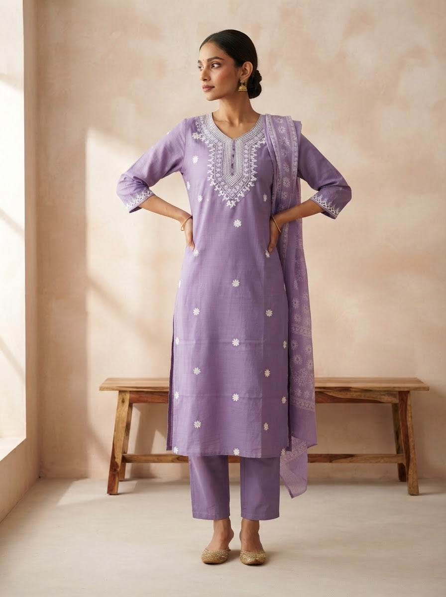Lavender Embroidered Kurta Suit Set With Dupatta