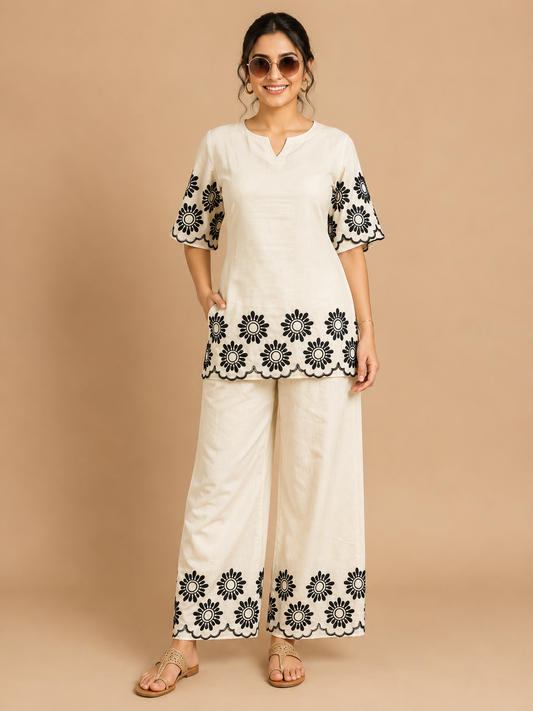 Monochrome Embroidered Kurta Palazzo Set