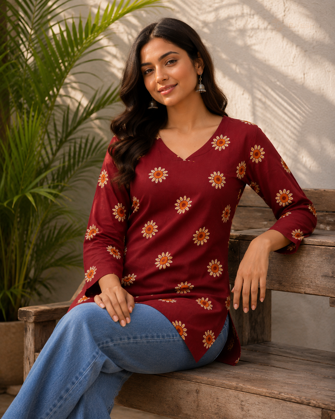 Maroon Floral Printed V-Neck Short Kurti