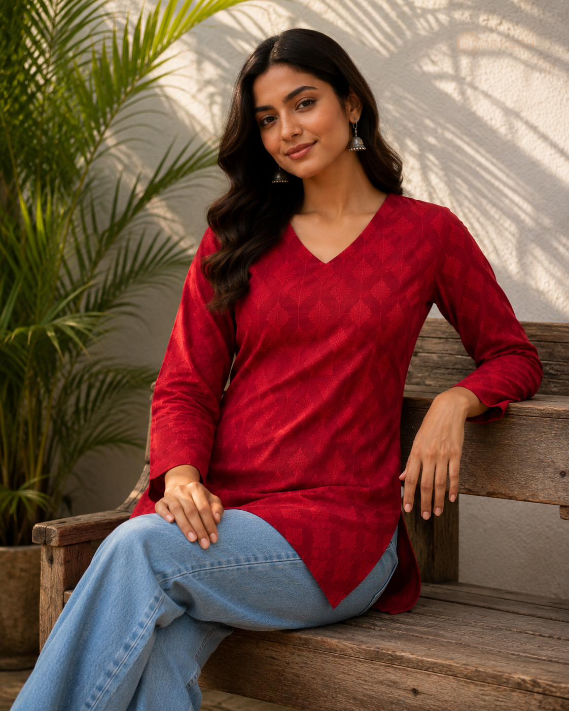 Red Geometric Print V-Neck Short Kurti
