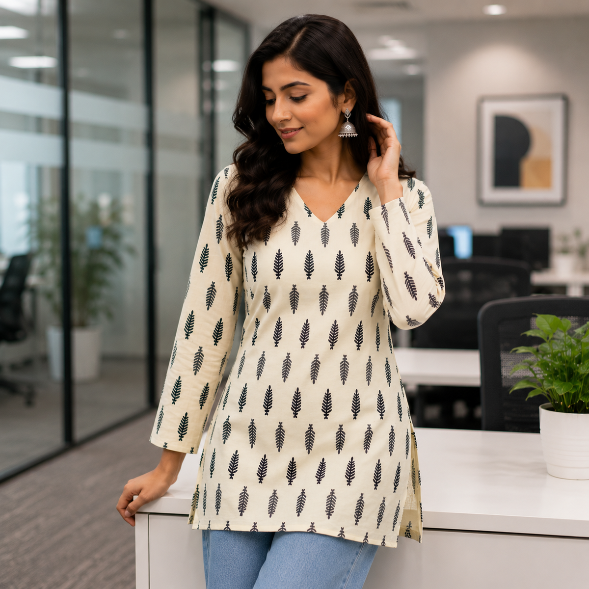 Off-White Printed V-Neck Short Kurti