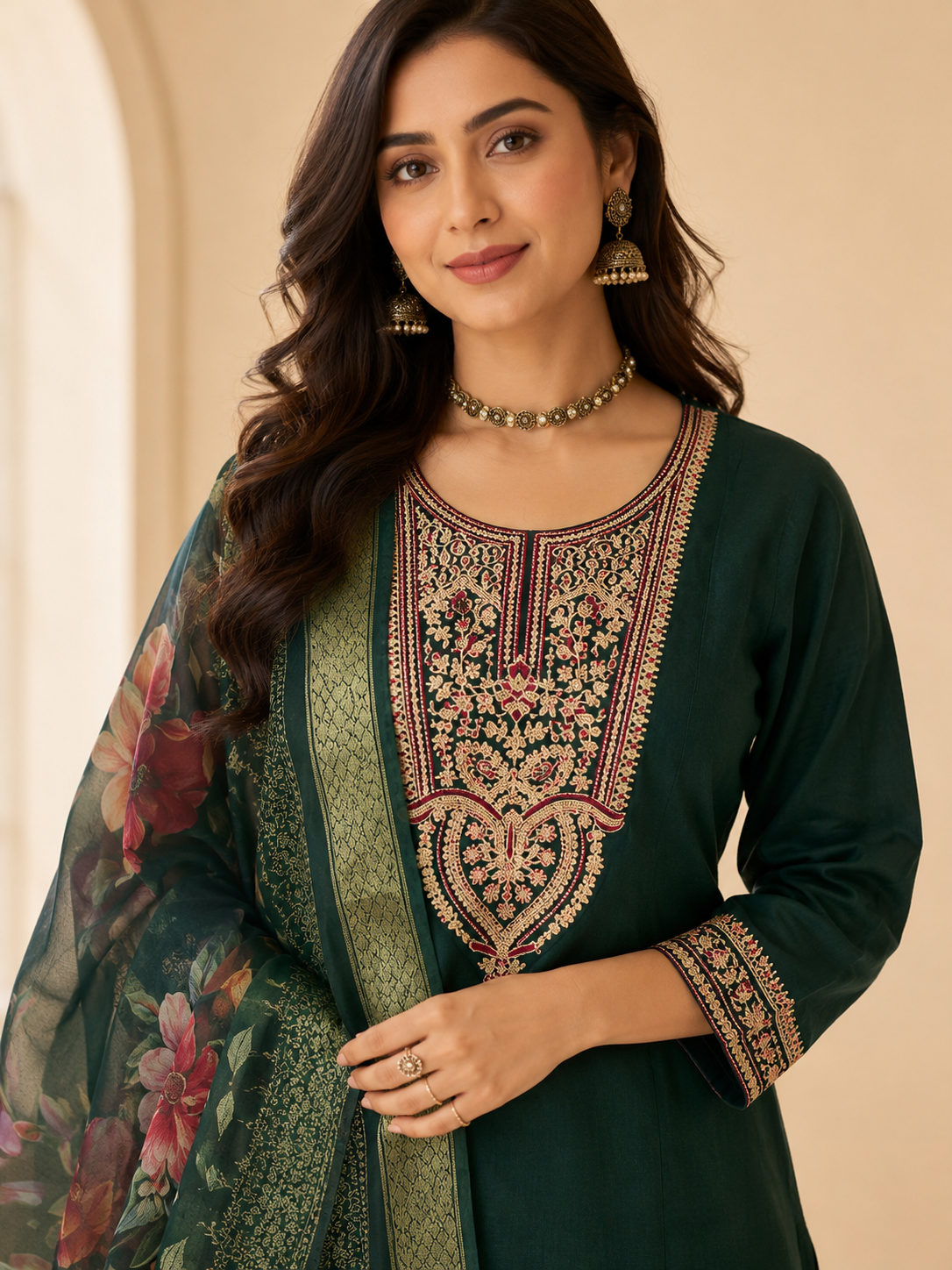 Embroidered Roman Silk Kurta Set With Dupatta