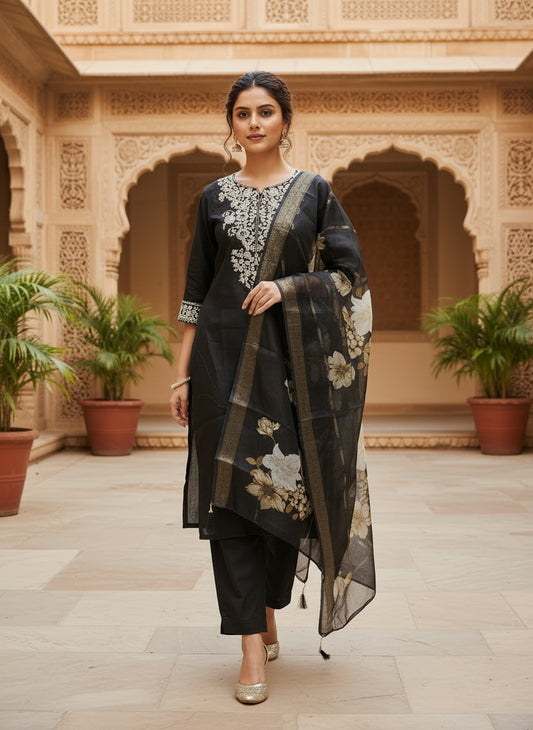 Black Embroidered Kurta Set With Dupatta