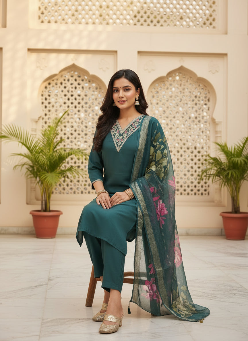 Teal Green Embroidered Kurta Set With Dupatta