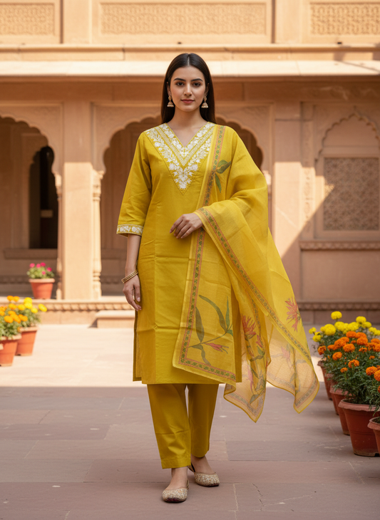 Mustard Yellow Embroidered Kurta Set With Dupatta