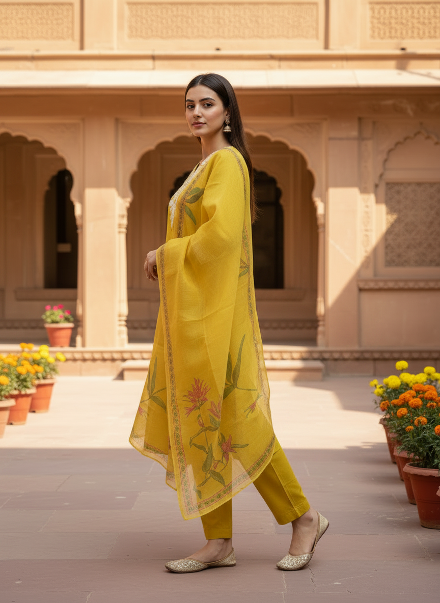Mustard Yellow Embroidered Kurta Set With Dupatta