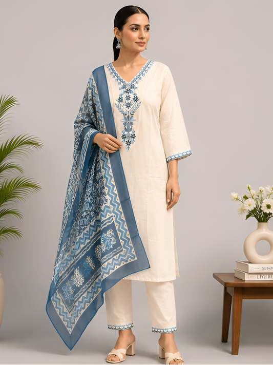 Embroidered Cotton Kurta Dupatta Set