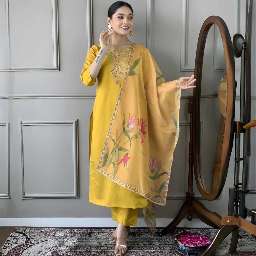 Yellow Floral Embroidered Kurta Set With Dupatta