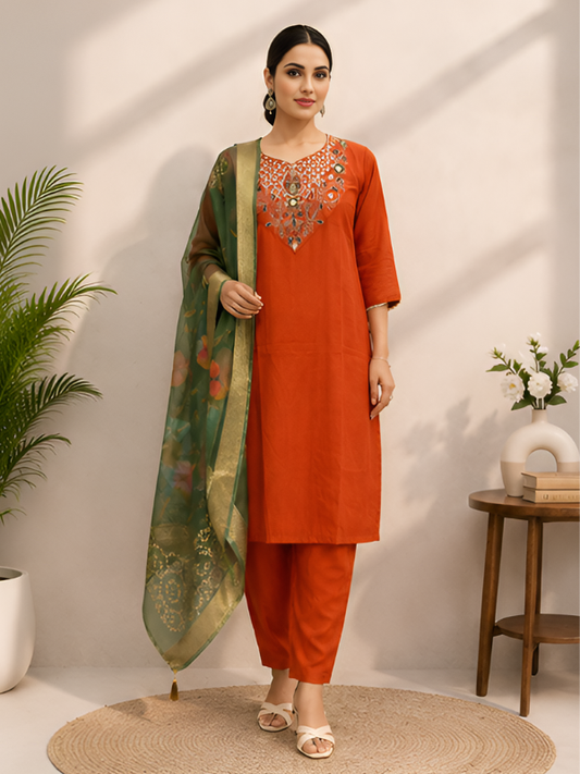 Embroidered Rust Orange Kurta Set With Dupatta
