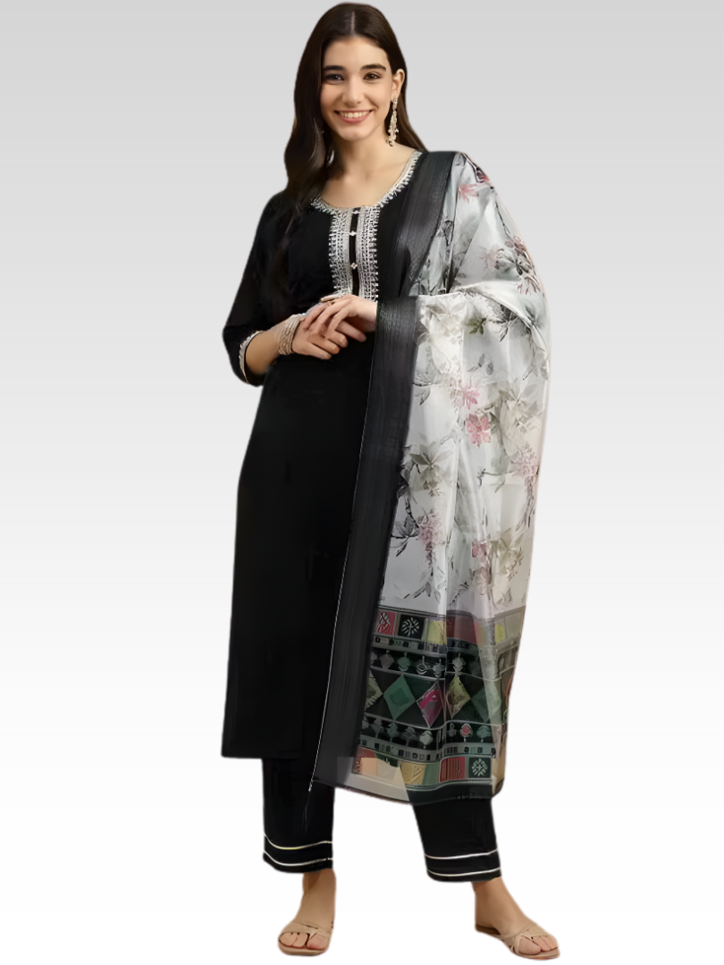 Embroidered Black Kurta Set With Dupatta