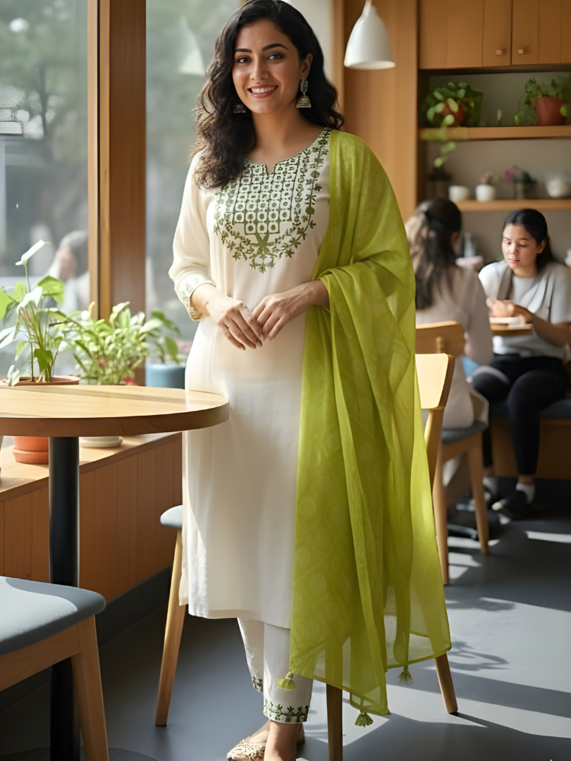 Embroidered White Kurta Pant Set With Dupatta