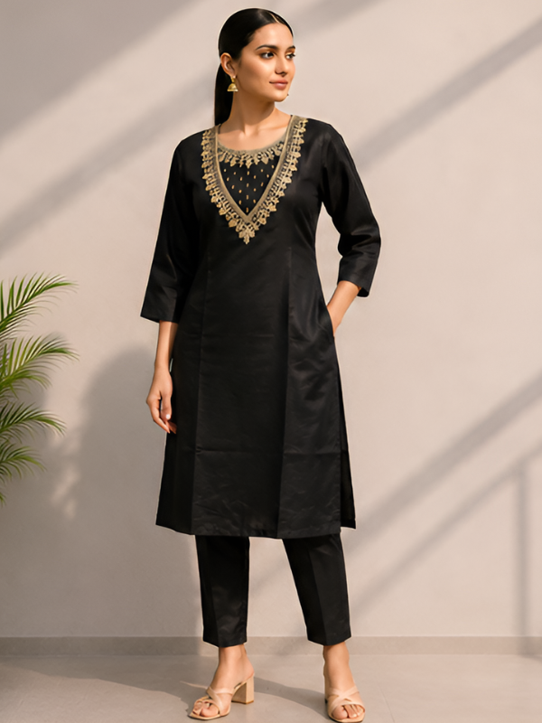 Elegant Black Zari Embroidered Kurta Pant Set