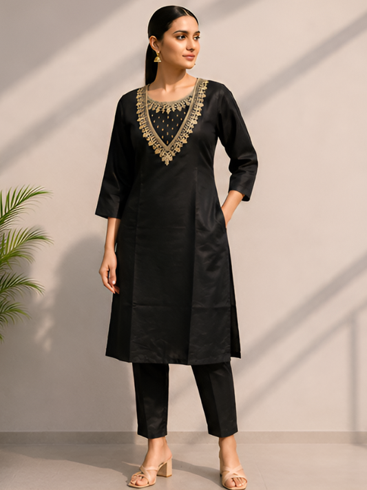 Elegant Black Zari Embroidered Kurta Pant Set