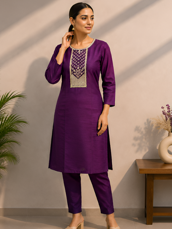 Women's Purple Embroidered Straight Kurta with Trousers Set