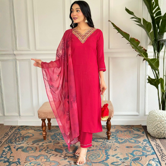 Pink Embroidered Rayon Kurta Set With Dupatta