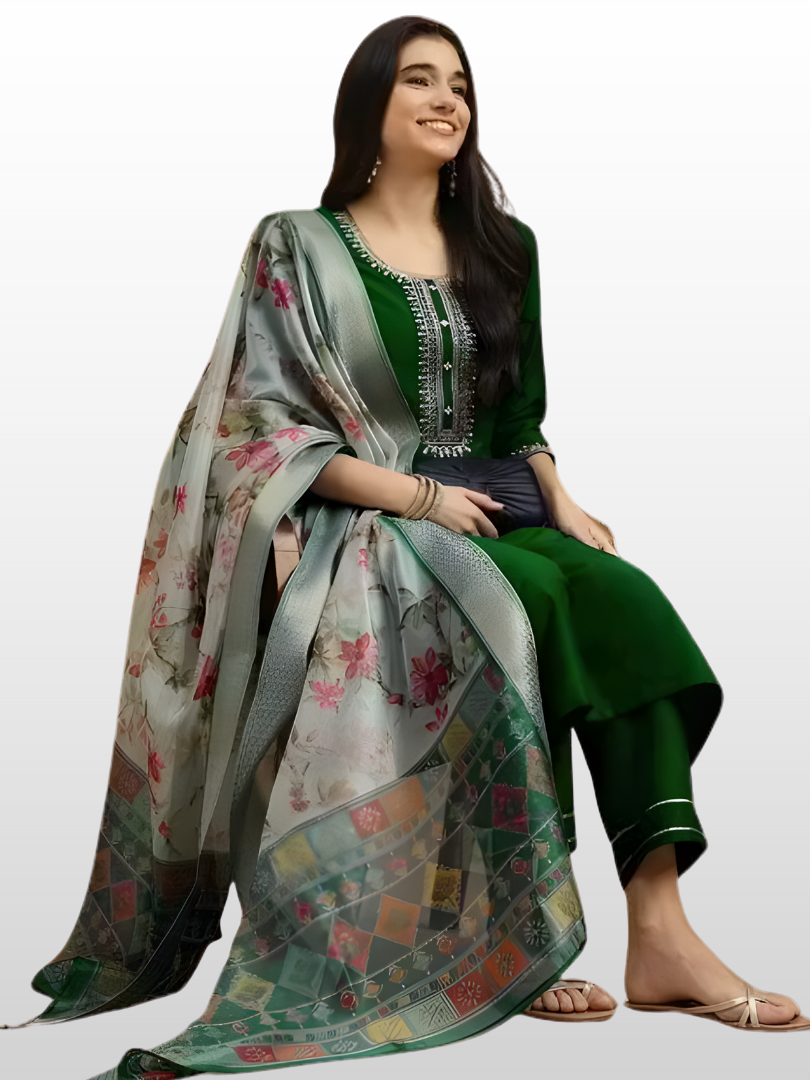 Green Embroidered Kurta Pant Dupatta Set