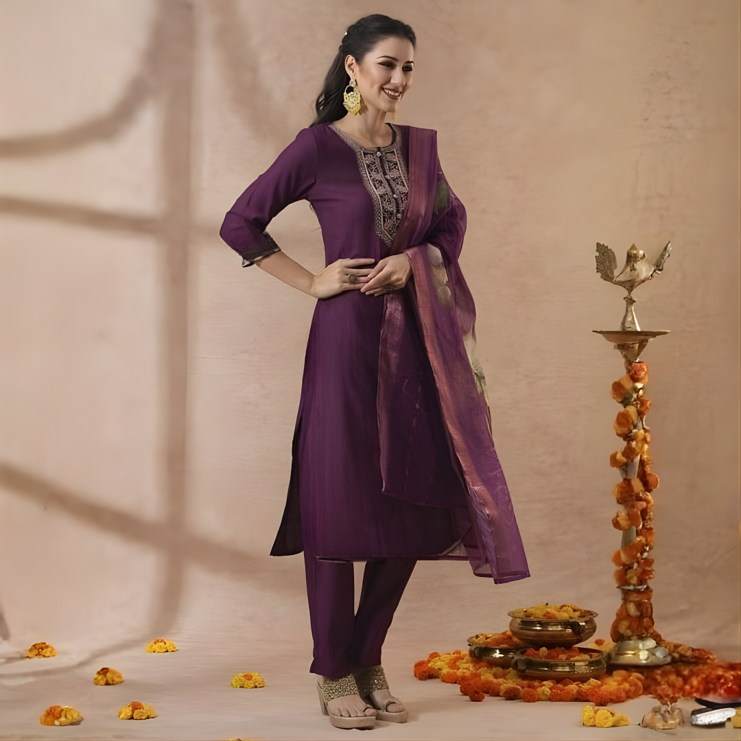 Embroidered Dark Purple Kurta Set With Dupatta