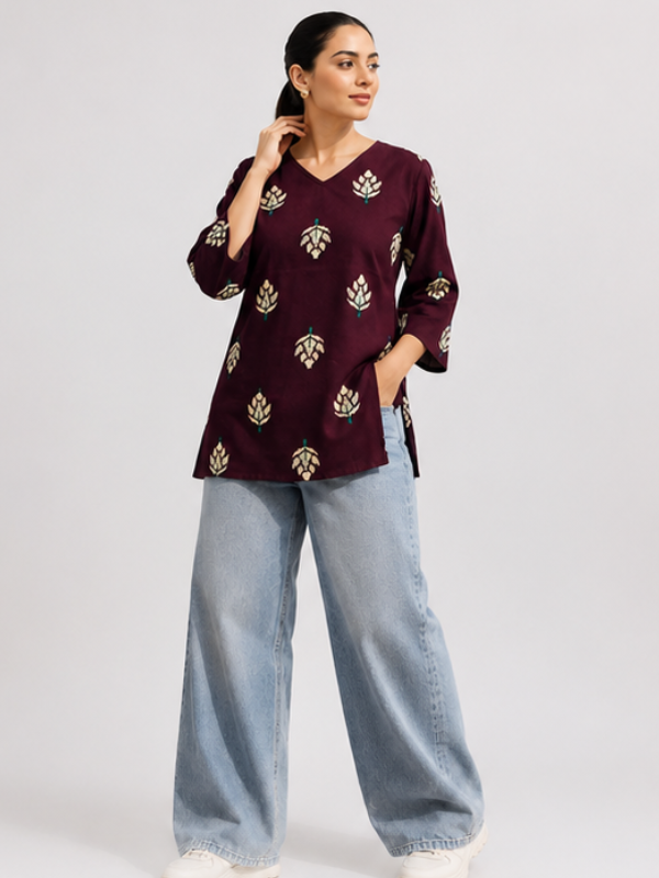 Burgundy Bloom Short Kurti