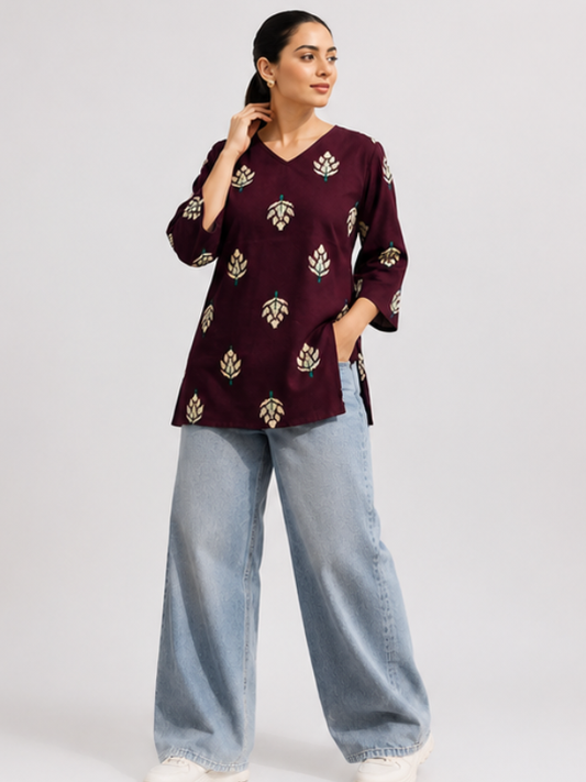 Burgundy Bloom Short Kurti