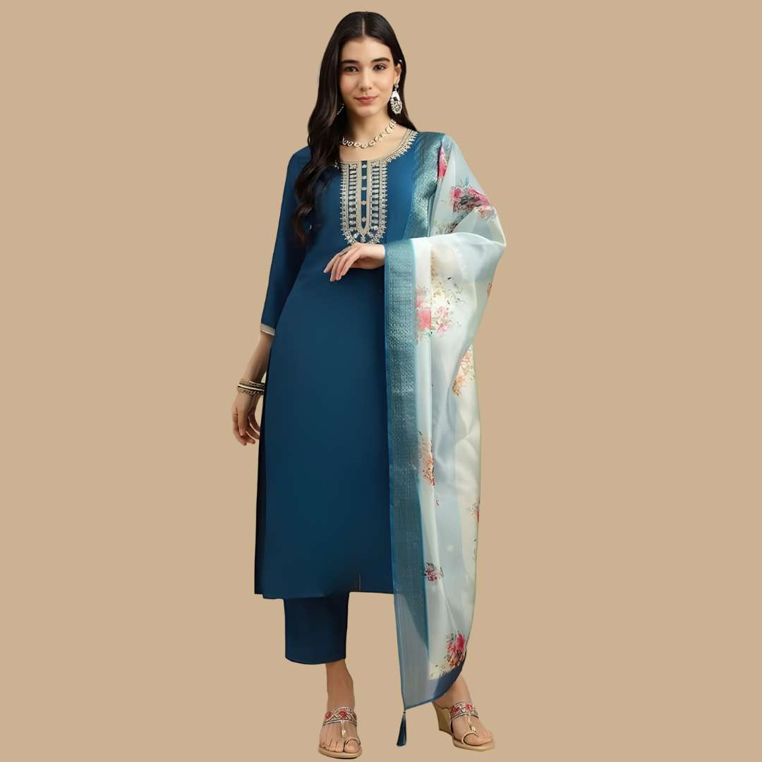 Teal Blue Embroidered Kurta Set With Dupatta