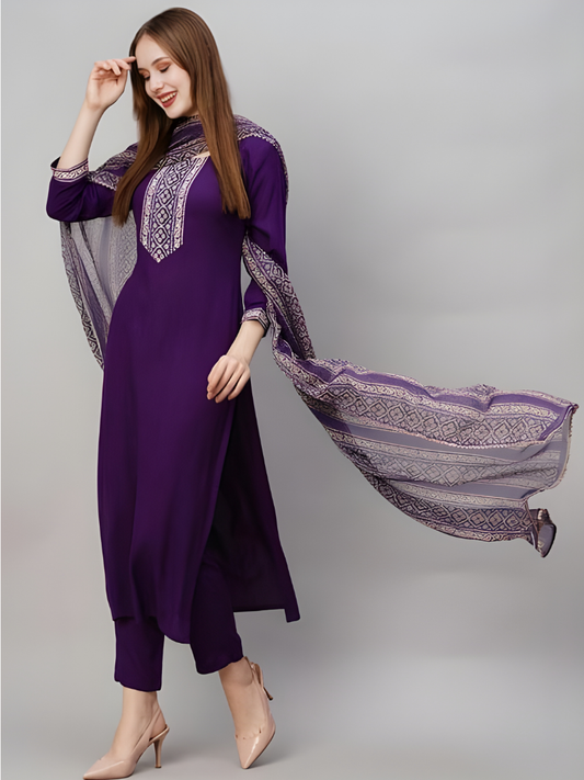 Embroidered Deep Purple Kurta Set With Dupatta