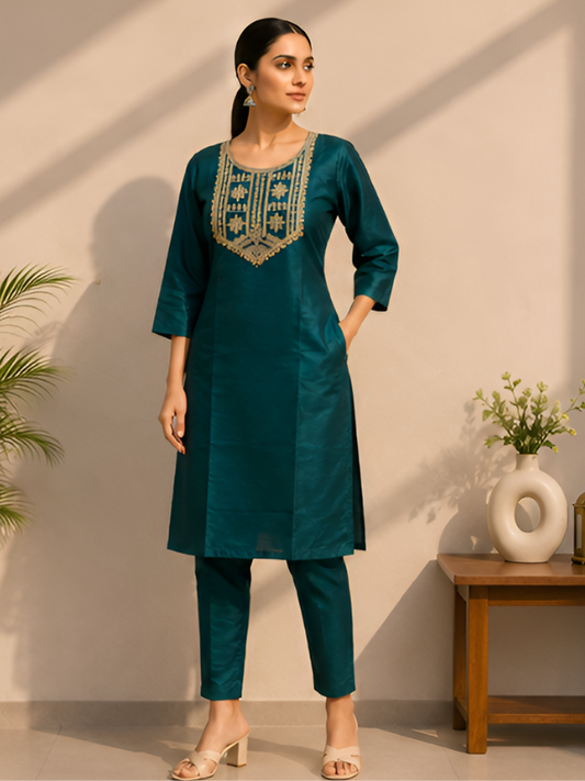 Women's Elegant Teal Embroidered Kurta Pant Set