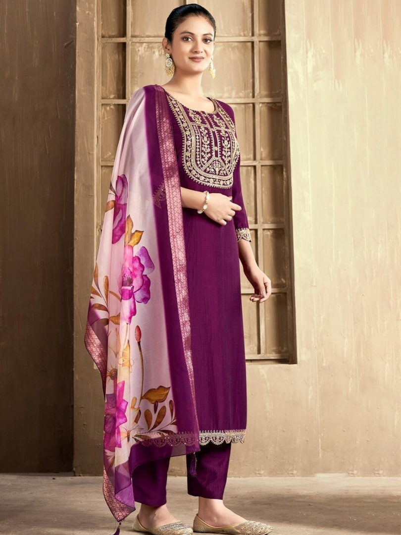Wine Embroidered Kurta Pant Set With Dupatta
