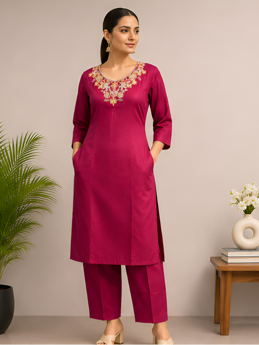 Embroidered Magenta Kurta & Pant Set