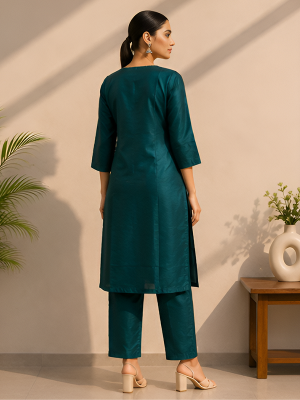 Women's Elegant Teal Embroidered Kurta Pant Set