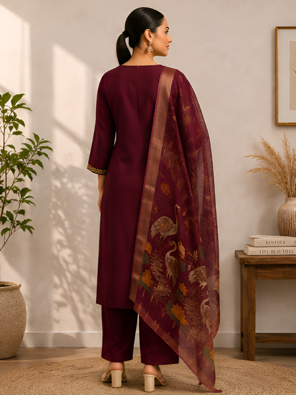 Embroidered Maroon Silk Kurta Set With Dupatta