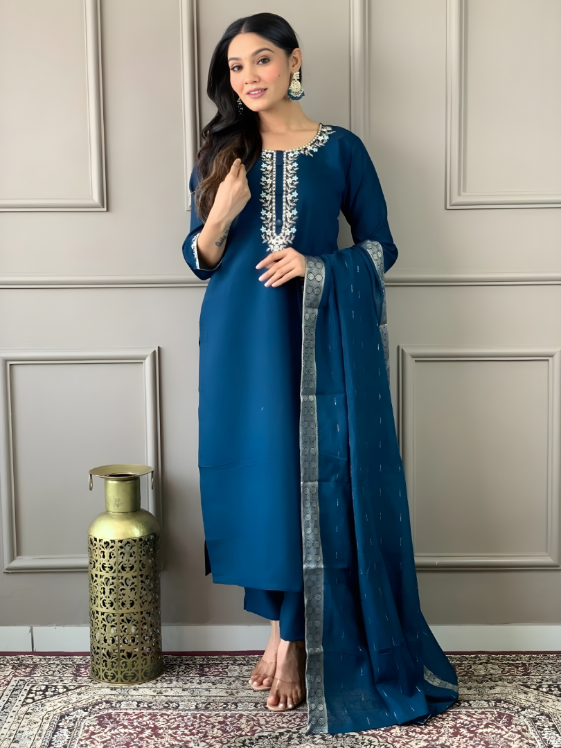 Teal Embroidered Kurta Pant Set With Dupatta