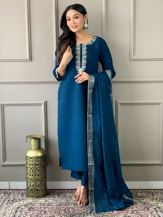 Teal Embroidered Kurta Pant Set With Dupatta