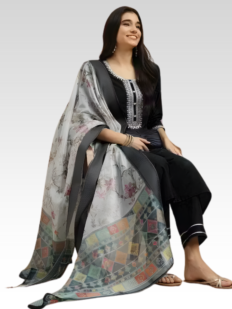Embroidered Black Kurta Set With Dupatta