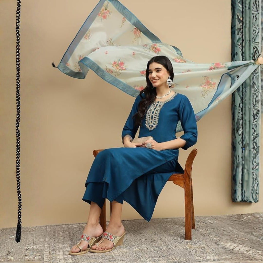 Teal Blue Embroidered Kurta Set With Dupatta
