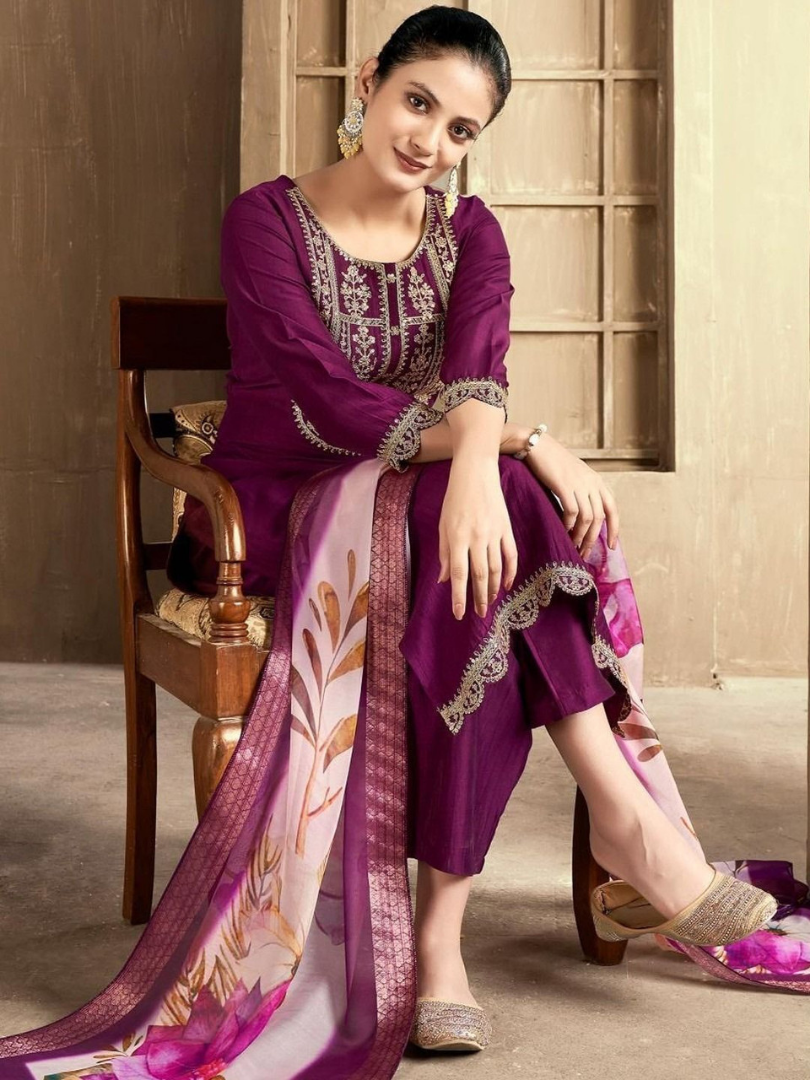 Wine Embroidered Kurta Pant Set With Dupatta