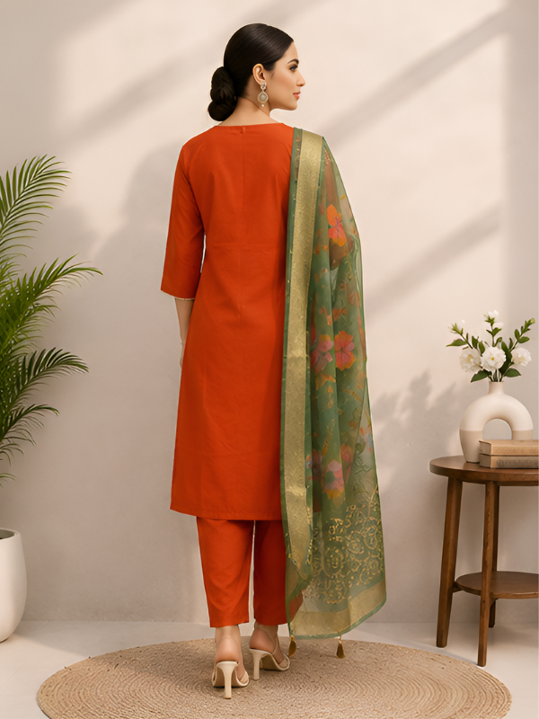 Embroidered Rust Orange Kurta Set With Dupatta